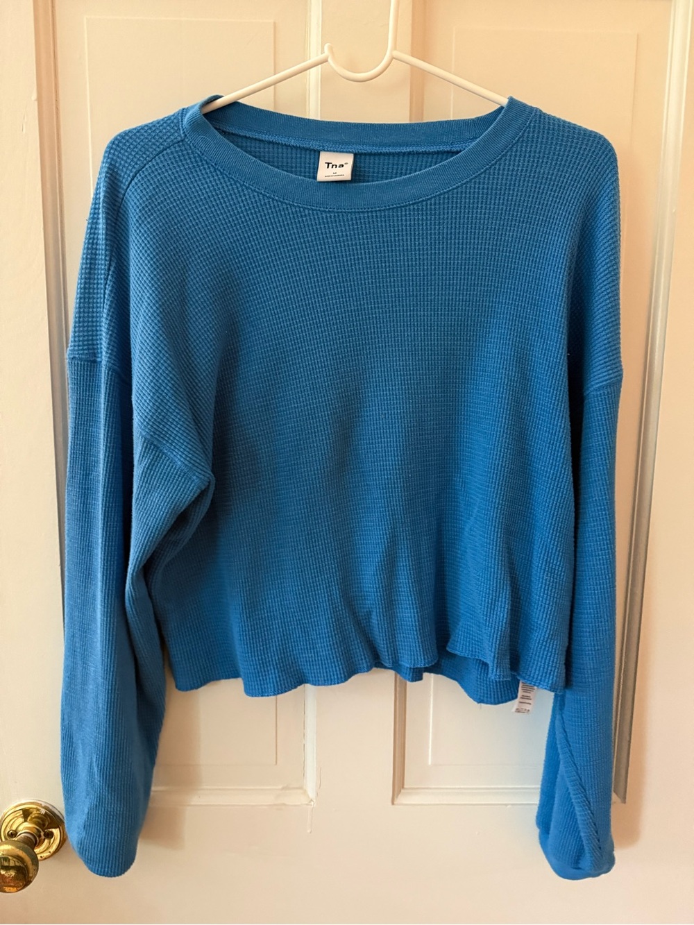 TNA Bright Blue Waffle-Knit Cropped Sweatshirt